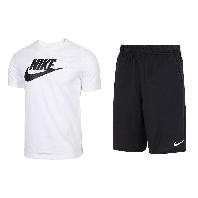 Nike Color Block Letter Logo Print Crew Neck Short Sleeve T-Shirt And Solid Loose Straight Leg Shorts Casual Sports Set Men Sets AR5005-101+DV9329-010