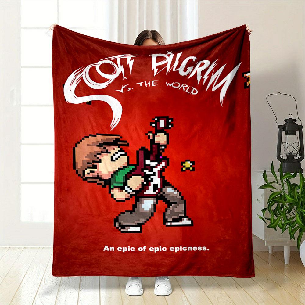Pixelated Character Holding a Guitar with Bold Text On a Red Background. for All Seasons Blanket Lunch Break Throw Gift