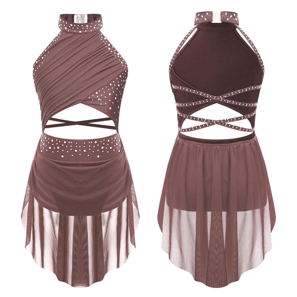 Kids Girls Lyrical Dance Performance Costume Figure Skating Ballet Gymnastics Leotard Dress Sleeveless Rhinestone Dancewear