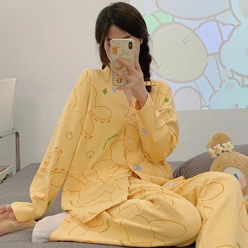 Новые пижамные комплекты для женщин весна-осень с принтом медведя, пижамы из искусственного хлопка, кардиган, одежда для сна с длинным рукавом, японская домашняя одежда