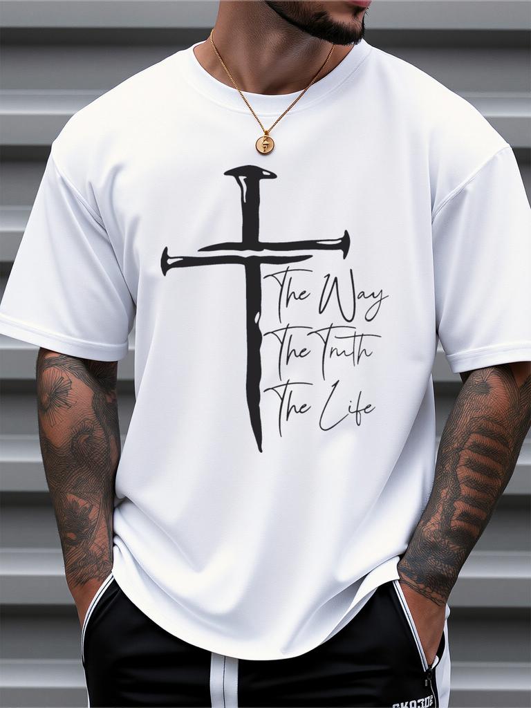 Mens Christian Faith Pattern Shirt Road Truth Life Cross Design Pure Cotton Breathable Short Sleeved Spring and Summer