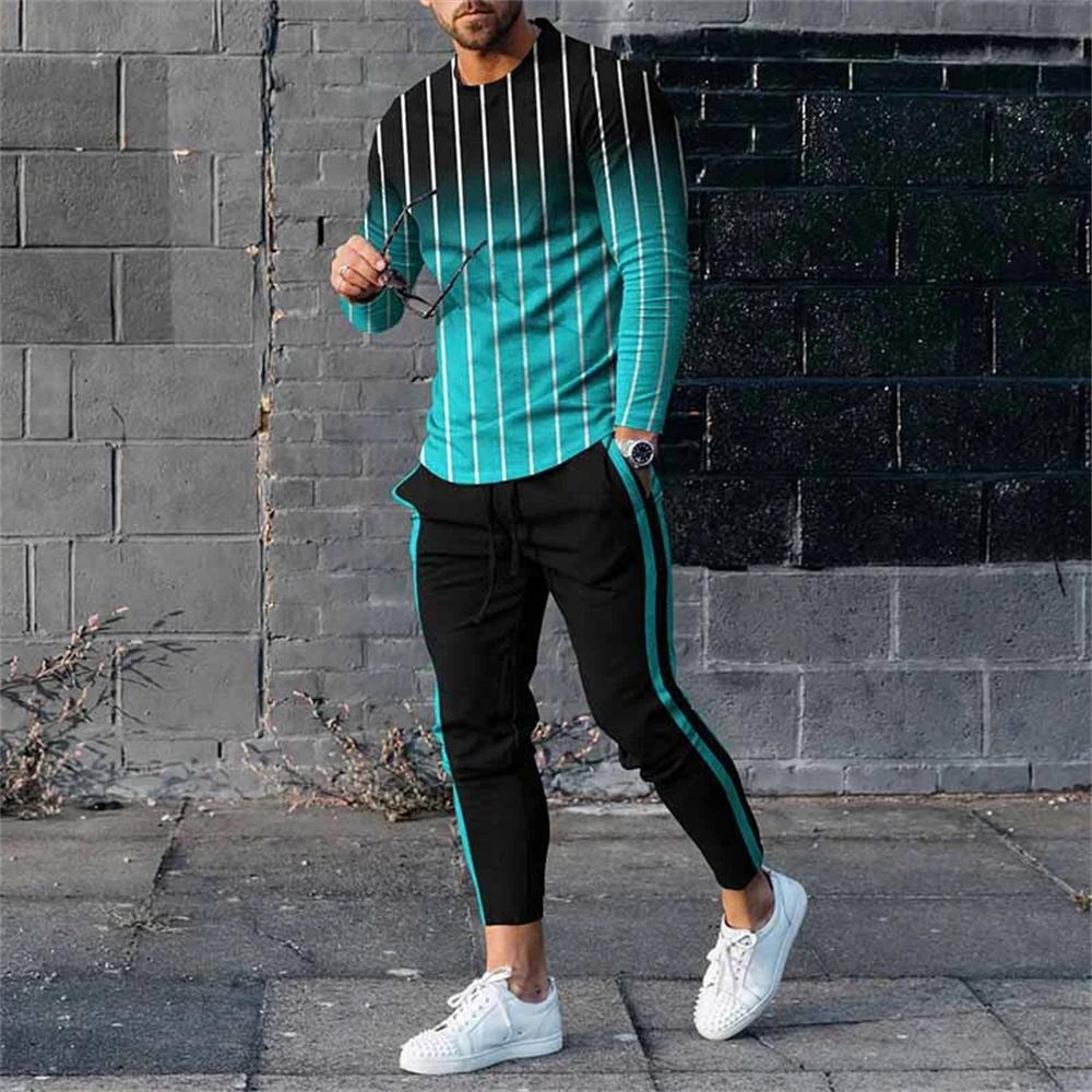 Осенний Винтажный Мужской Спортивный Костюм с 3D Сотовым Принтом Повседневный Комплект из 2 Предметов: Длинный Рукав Футболка и Брюки Оверсайз Унисекс