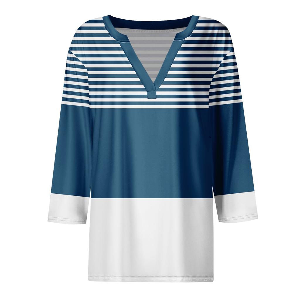 Women's Fashionable And Casual Print V Neck 3/4 Sleeve T Shirt Top Basic V Neck Regular Top