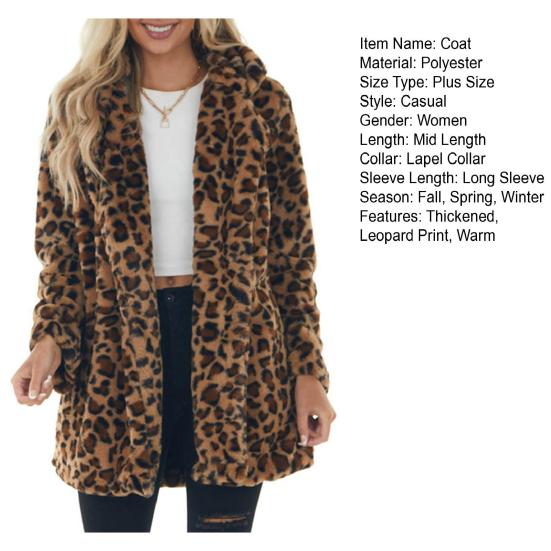 Fall Winter Women Coat Thick Plush Leopard Print Lapel Long Sleeve Windproof Cold-proof Mid Length Pockets Cardigan Lady Loose Overcoat