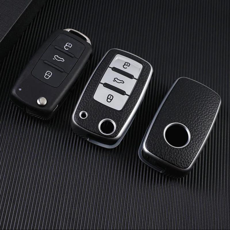 APRUB1 Leather Car Key Case Keys Full Cover Protection Shell Bag for VW Volkswagen Polo Tiguan Passat Golf Jetta Lavida Skoda Octavia