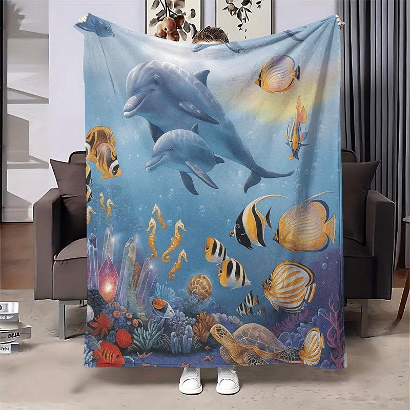 Underwater World Marine Animal Fleece Blanket, Dolphin Fish Coral Reef Pattern Cozy Cover Camping Office Living Room Daily Use