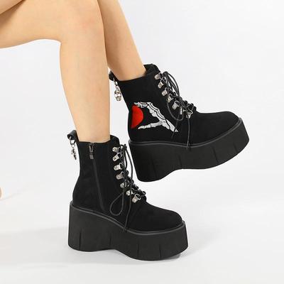 Ботинки на танкетке для женщин в стиле скелета на Хэллоуин, модные, со шнуровкой и боковой молнией, удобные, на платформе и каблуках
