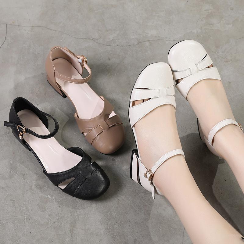 Сандалии из натуральной кожи с носком для женщин. Новая женская полая плетеная женская обувь. Летние сандалии на среднем каблуке с пряжкой в ​​одно слово.