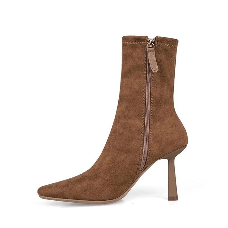 Мода остроносые женские эластичные носки короткие сапоги модные боковые молнии тонкие ботильоны на высоком каблуке осенне-зимняя женская обувь