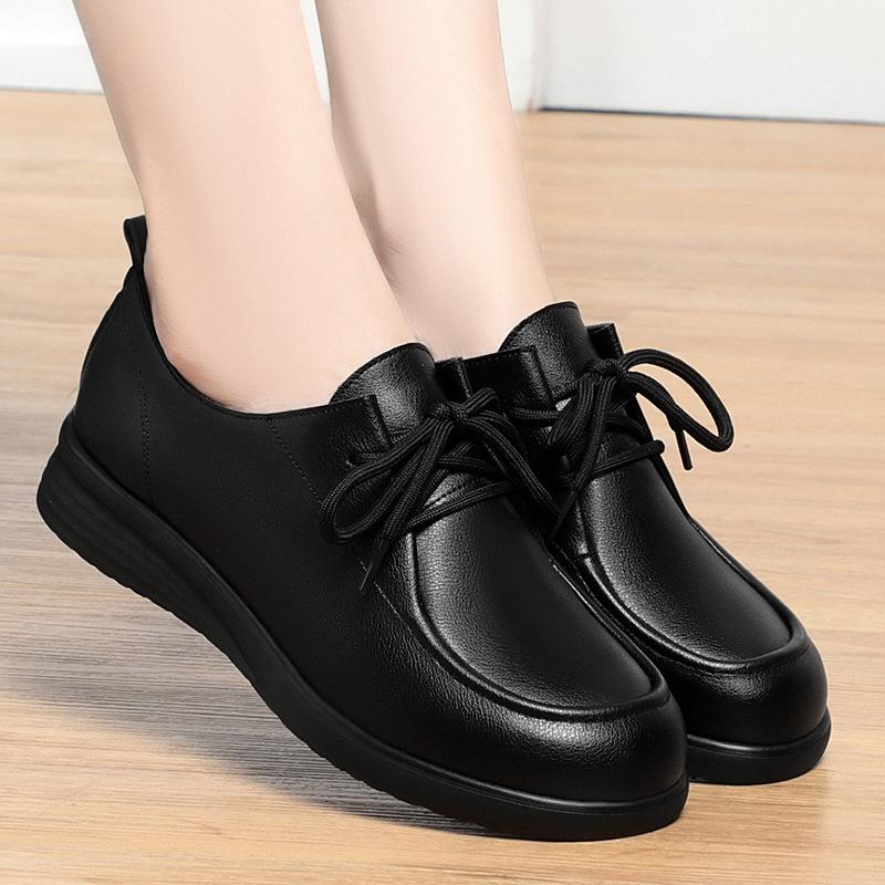 Женские черные рабочие туфли на шнуровке, весенне-осенние, из мягкой кожи, с мягкой подошвой, не устают после долгого стояния,