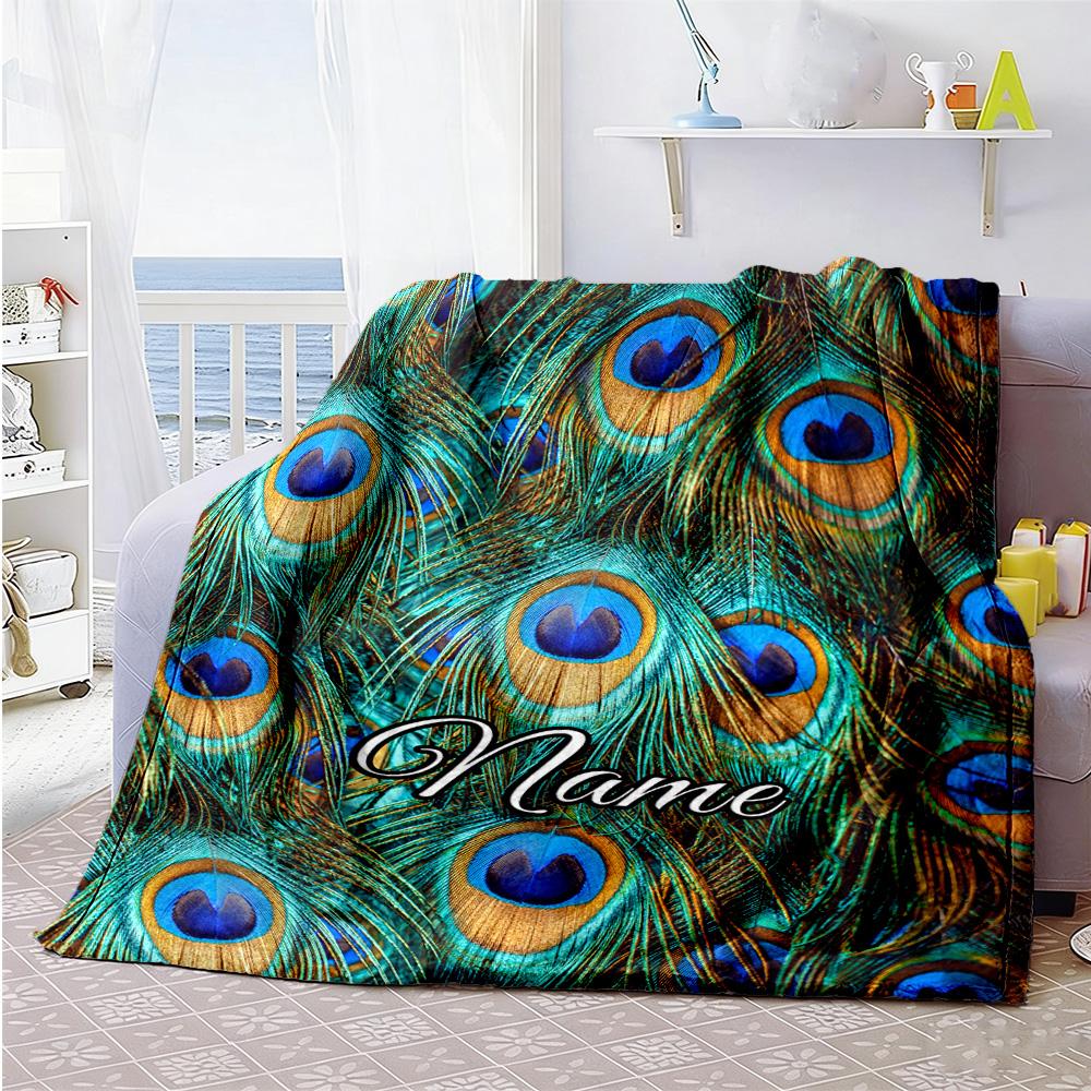 Peacock Feather Customize Your Name Blanket Throw Customizable Blanket Durable Comfort Versatile for Sofa Picnics Office Chair Nap