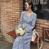 HOUZHOU Цветочное платье женское французское с v-образным вырезом с длинным рукавом корейское элегантное шикарное шифоновое платье с рыбьим хвостом