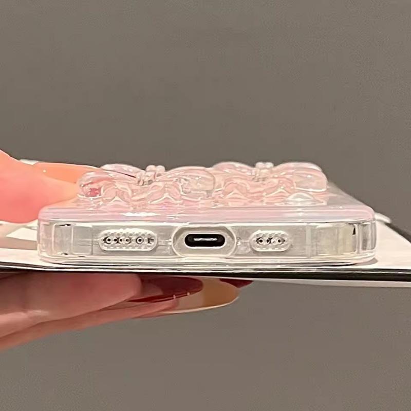 Милый 3D Розовый Бантик Жемчуг Блестки Чехол Для Телефона iPhone 16 15 14 13 12 11 Pro Max Plus Корейская Девушка Эпоксидный Прозрачный Мягкий Задний Чехол