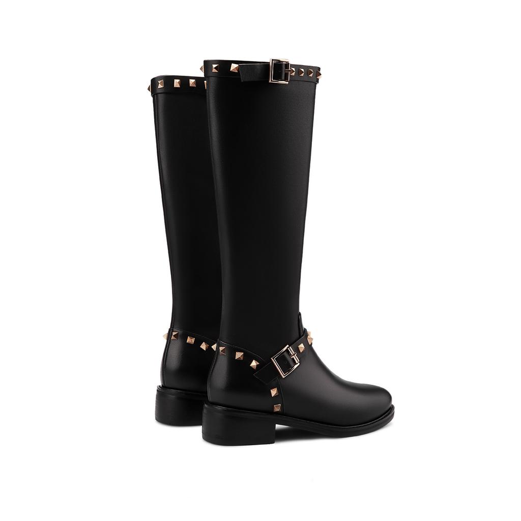 Krazing Pot Натуральная коровья кожа осенне-зимняя обувь на толстом среднем каблуке большого размера 45 размера 44 кожаные металлические заклепки женские теплые сапоги до колена