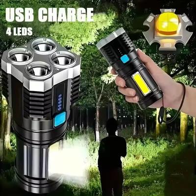 Светодиодный фонарик с 4 лампами, мощный фонарик с USB-перезаряжаемым водонепроницаемым ручным фонарем COB, боковой свет для кемпинга, рыбалки на открытом воздухе