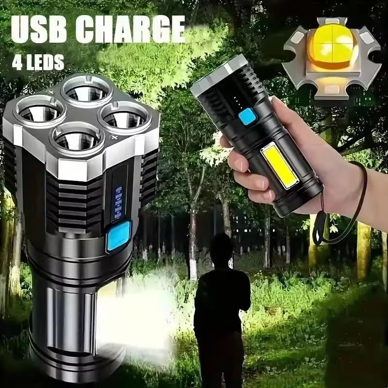 Светодиодный фонарик с 4 лампами, мощный фонарик с USB-перезаряжаемым водонепроницаемым ручным фонарем COB, боковой свет для кемпинга, рыбалки на открытом воздухе