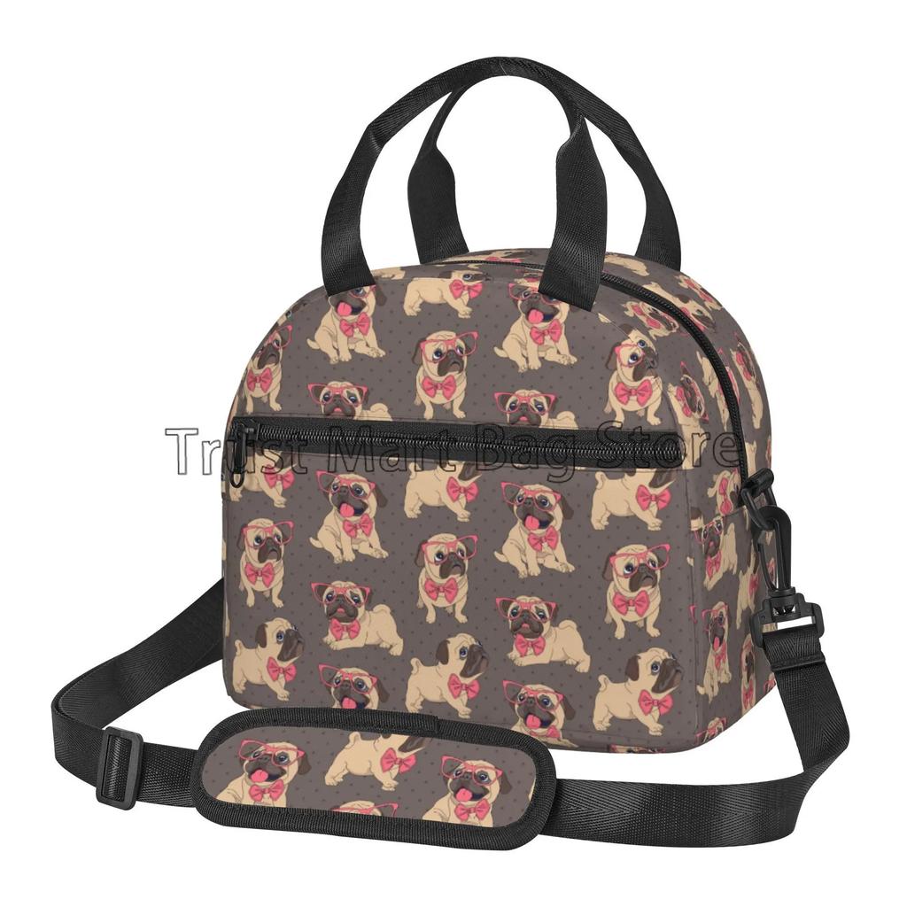 Cute Pug Dog Insulated Lunch Bag for Women Kids Thermal Lunch Box Portable Cooler Tote Bags for School Work Picnic Beach Travel