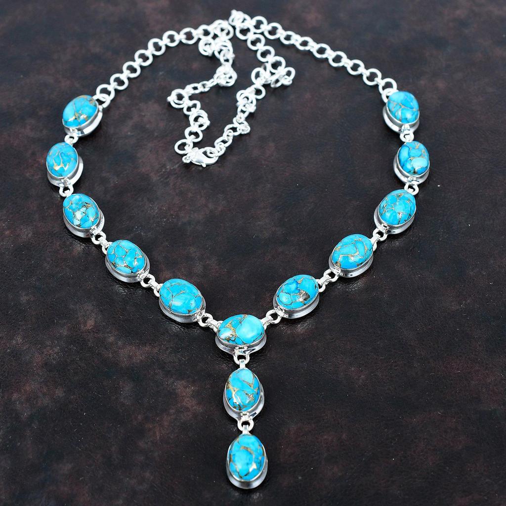 Ожерелье из меди и бирюзы, ожерелье из стерлингового серебра 925 пробы, регулируемая цепочка, драгоценный камень, уникальное ювелирное изделие, ожерелье ручной работы, подарок для нее