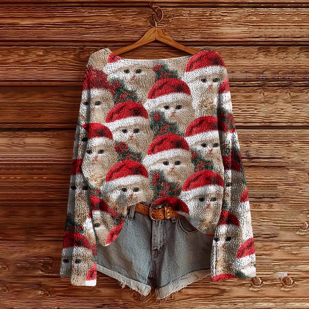 Women's Christmas Print Lightweight Sweater Casual Long Sleeve Knitted Pullover