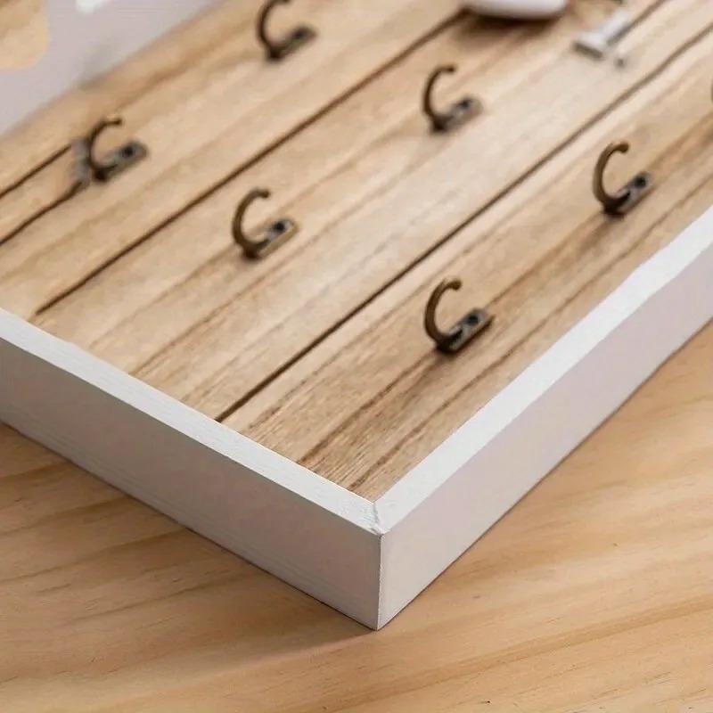 1pc Wooden Metal Key Hook Board Home Wall Decoration Living Room Entrance Storage Rack