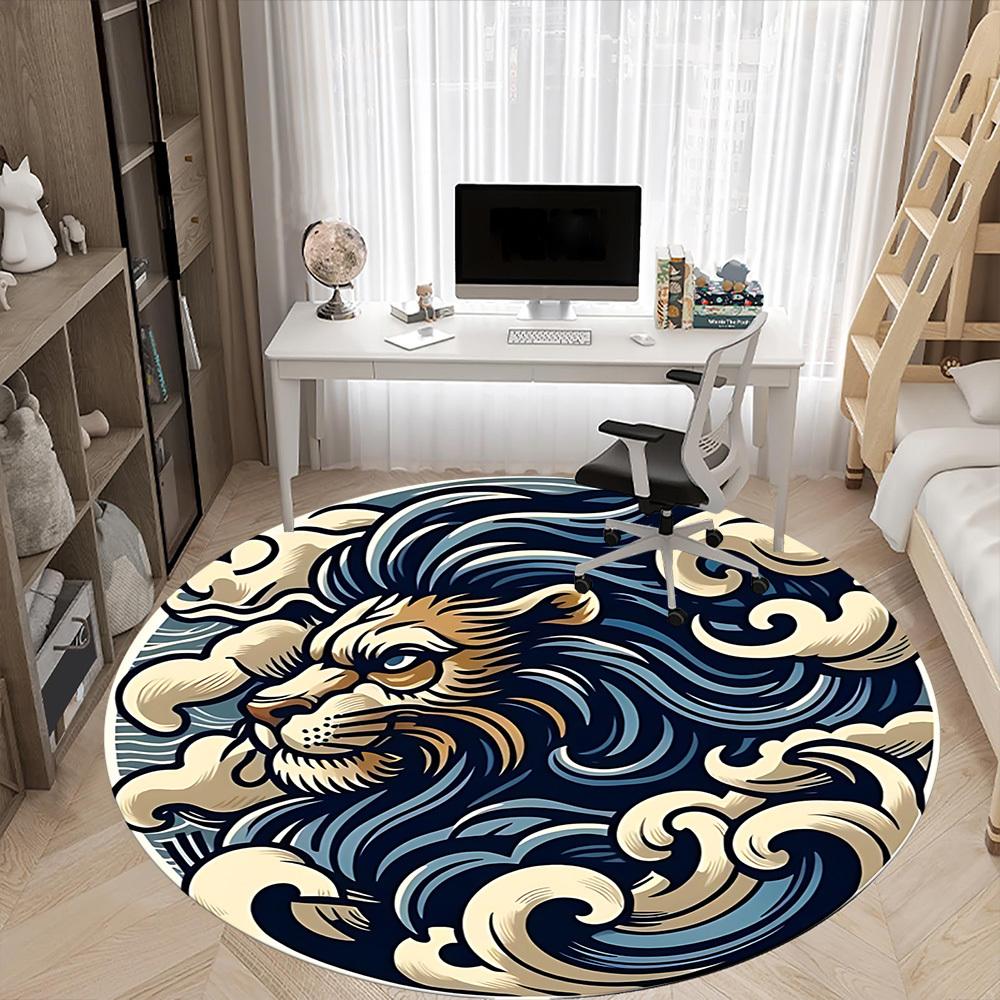 1pc Wave Lion Office Round Area Rug, Mat Suitable For Office, Under Office Chairs Bedroom Living Room Home Decor, Room Deco
