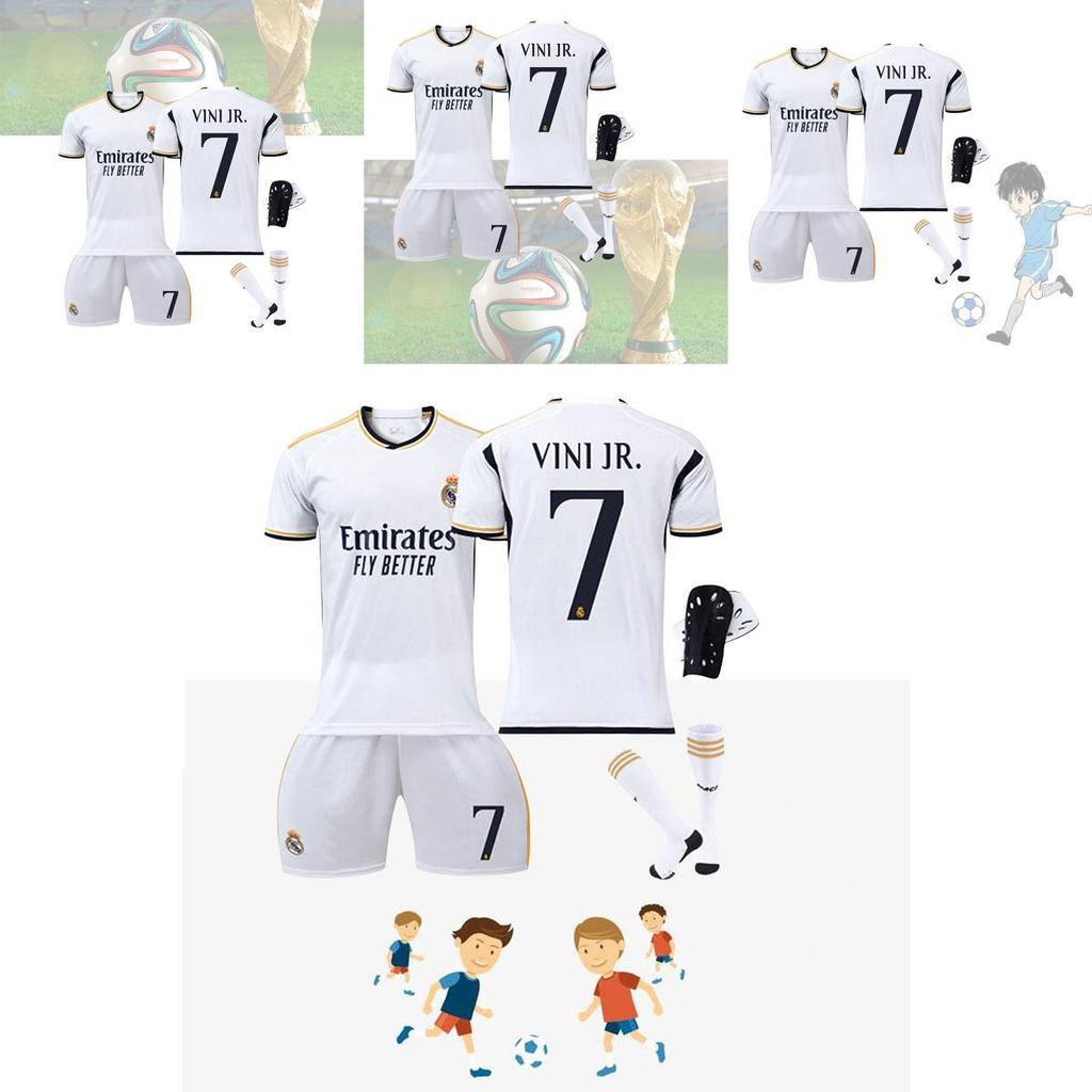 Real Madrid Home 7 Vini.jr Soccer Clothing Set Polyester Material Shirt Pants Socks And Protective Gear Included
