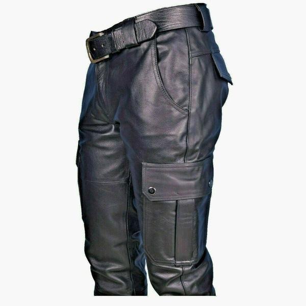 Casual Men's Leather Pants With Adjustable Straps Stylish Comfortable Fit Perfect For Everyday Wear Fashionable Leather Trousers For Men