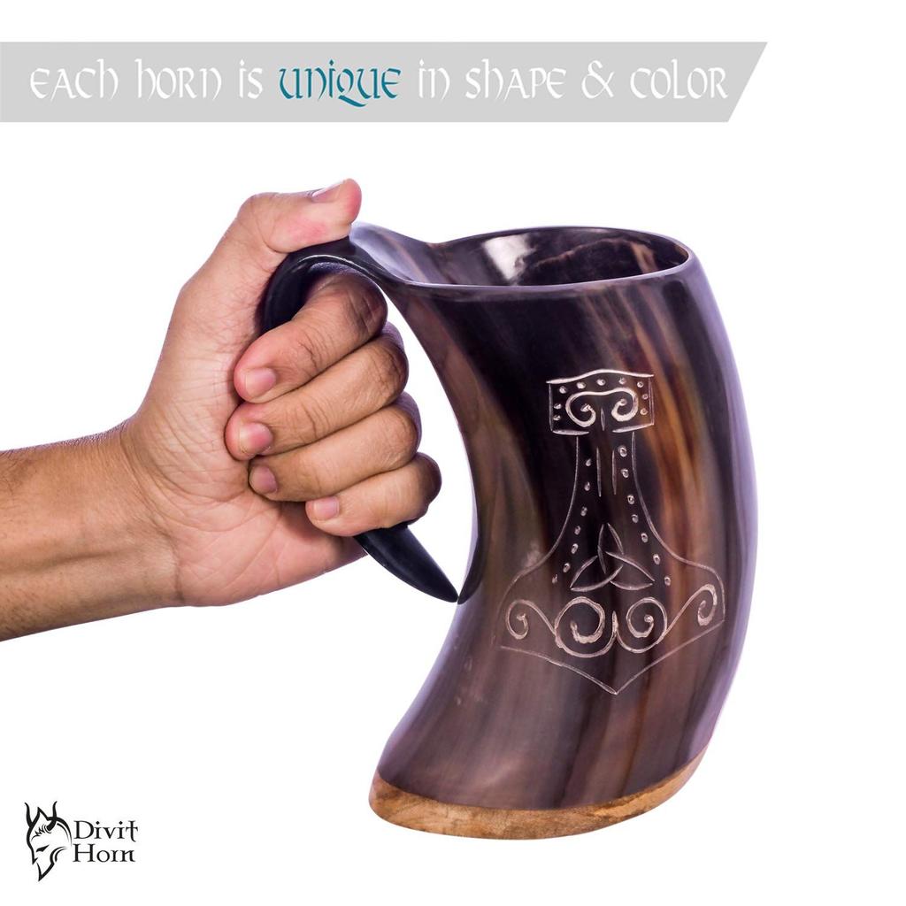 Viking Drinking Horn Mug | Authentic Medieval Beer Horn Tankard |  Capacity Horn Cup/Stein. (Mjolnir, Polished)