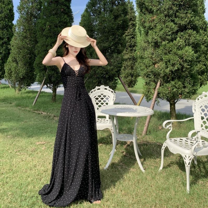 French High-end Black Polka-dot Collar Suspender Dress Women's Waist and Thin Seaside Vacation Sexy Word Long Dress