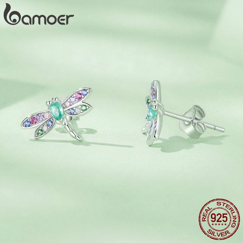 Bamoer 925 Sterling Silver Dragonfly Stud Earrings Insect Earrings for Women Colorful Zircon Fine Jewelry BSE795
