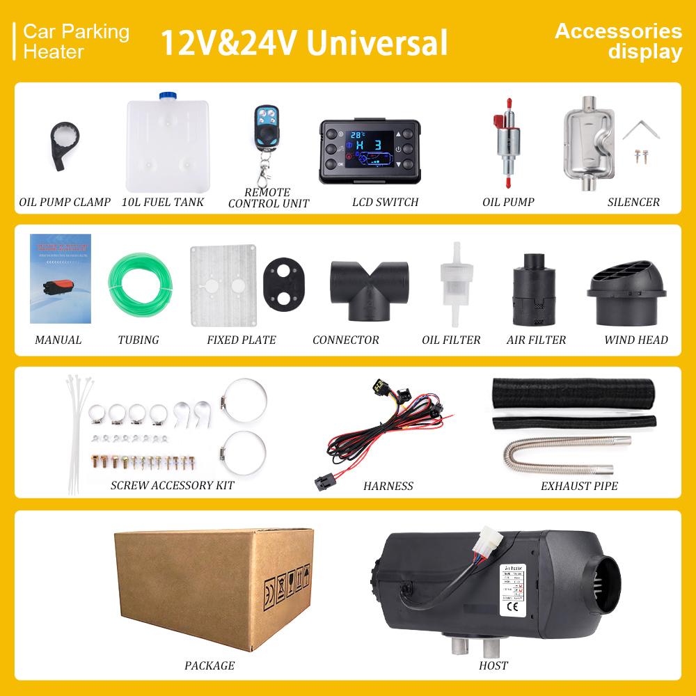 Универсальный стояночный воздушный отопитель с двойным напряжением 12 В 24 В, комплект 1 кВт-8 кВт, дизельный бесшумный автомобильный отопитель с ЖК-дисплеем, двунаправленный / обычный