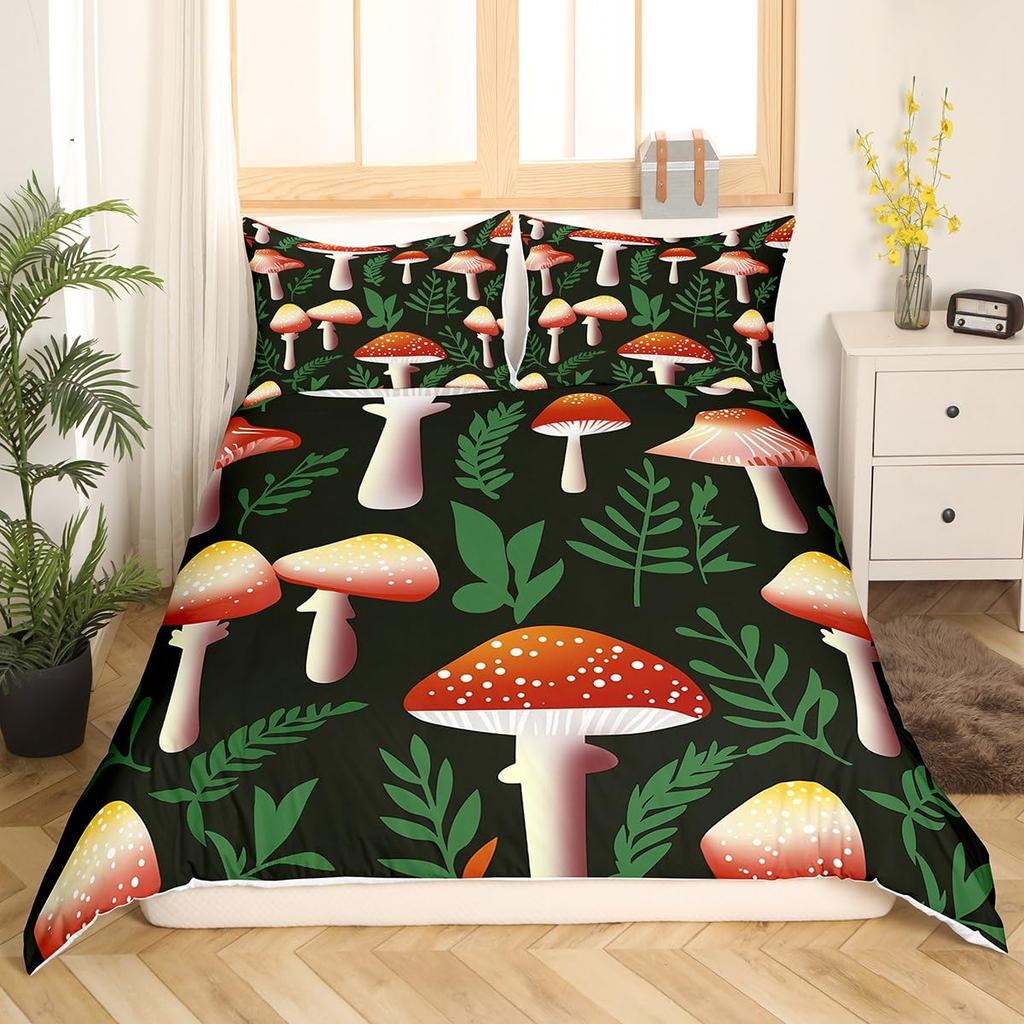 Mushroom Duvet Cover Watercolor Fungus Bedding Set Wild Botanical Comforter Cover Set Retro Leaf Pattern Polyester Quilt Cover