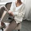 Женские свитера весна осень V-образный вырез трикотажные пуловеры свободная рубашка модный джемпер однотонный синий свитер