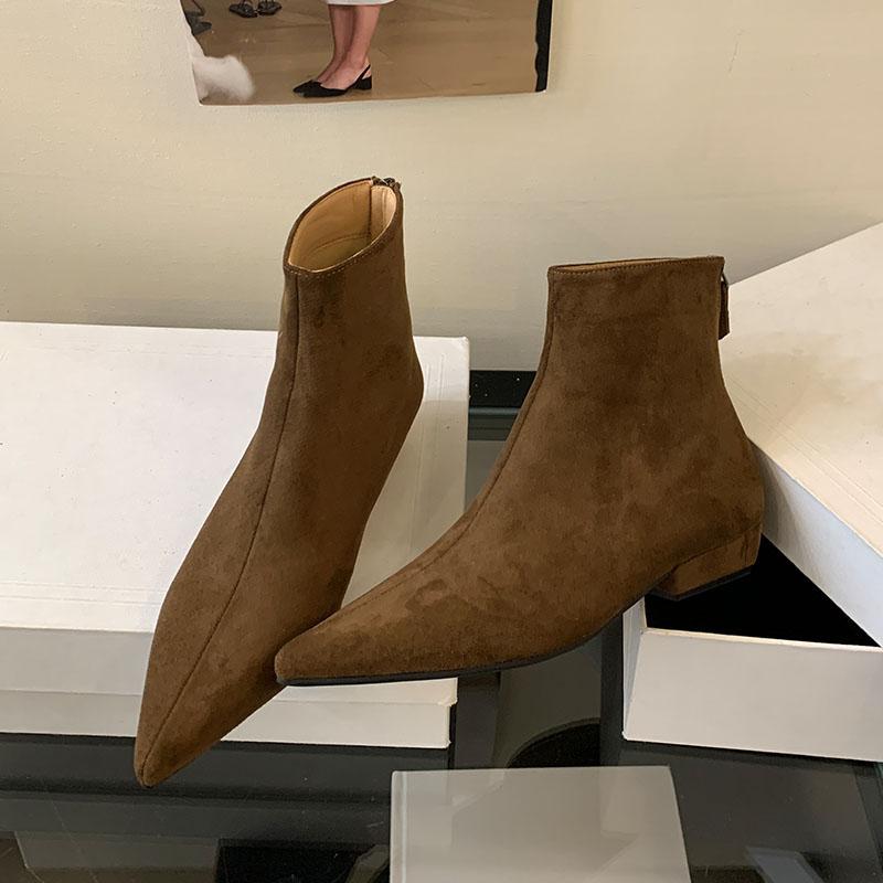 Мода Мода Флок Женские Ботильоны На Низком Каблуке Обувь Острый Носок Современные Женские Короткие Ботинки Обувь Женская Обувь На Молнии