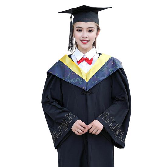 Bachelor Uniform with Hat V Neck Knee Length Long Sleeve Hidden Button Liberal Arts Student Graduation Robe Graduation Party Clothes