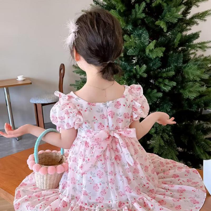 2-6 Years Children Girls Floral Dress Summer Casual Puff Sleeve Princess Dress