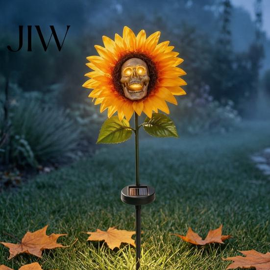 Artistic Sunflower Skull Yard Decor Solar Garden Stake Light, Gothic And Outdoor Statue Lamp, Powered Path Lighting Waterproof LED Landscape for Patio