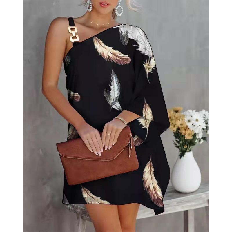 Women's Printed Sexy Slanted Neck Off Shoulder Long Sleeved Dress