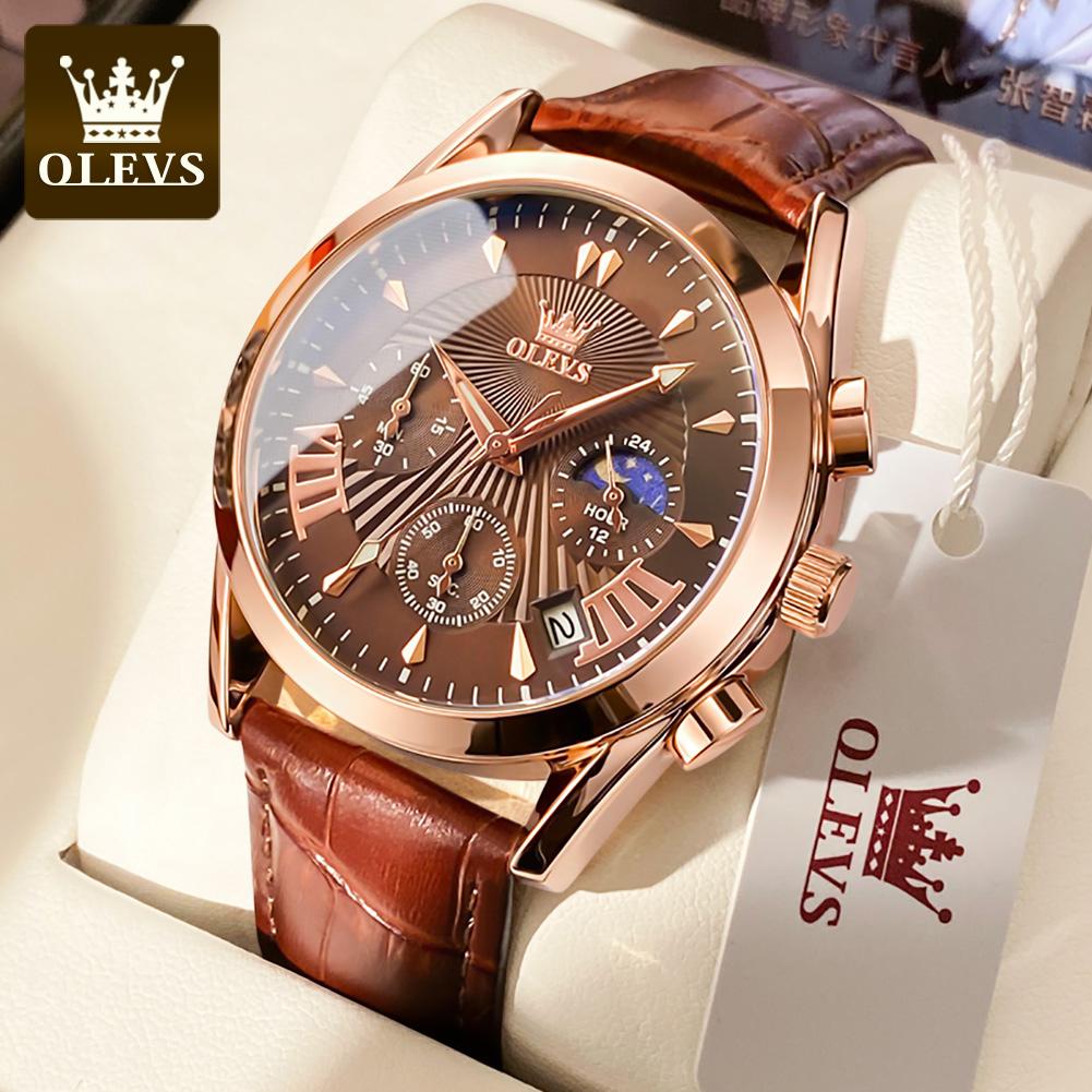 OLEVS 2876 Mens Watch Leather Strap Quartz Watch Waterproof Luminous Moon Phase Multifunctional Chronograph Watches For Men Gift
