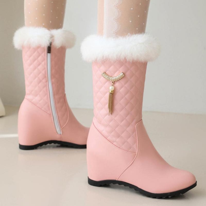 Зимние сноубутсы на танкетке для женщин Новинка 2024 Черные Розовые Белые Теплые Меховые Короткие Ботинки Женские Каблуки-Танкетки Застежка-Молния Вечерняя Обувь