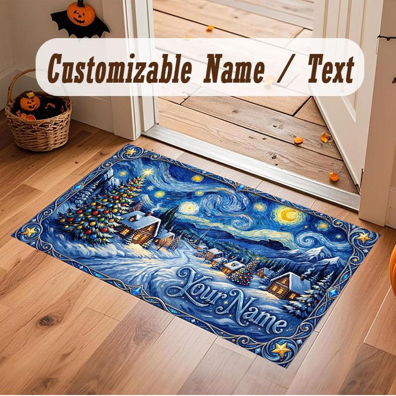 Christmas Winter Theme Crystal Velvet Floor Rug Personalized Custom Name Text Warm Carpet Home Decoration
