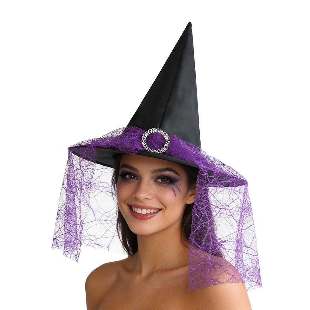Halloween Witch Hat with Silver Buckle Veil Kids Adult Cosplay Costume Prop Spooky Party Headwear