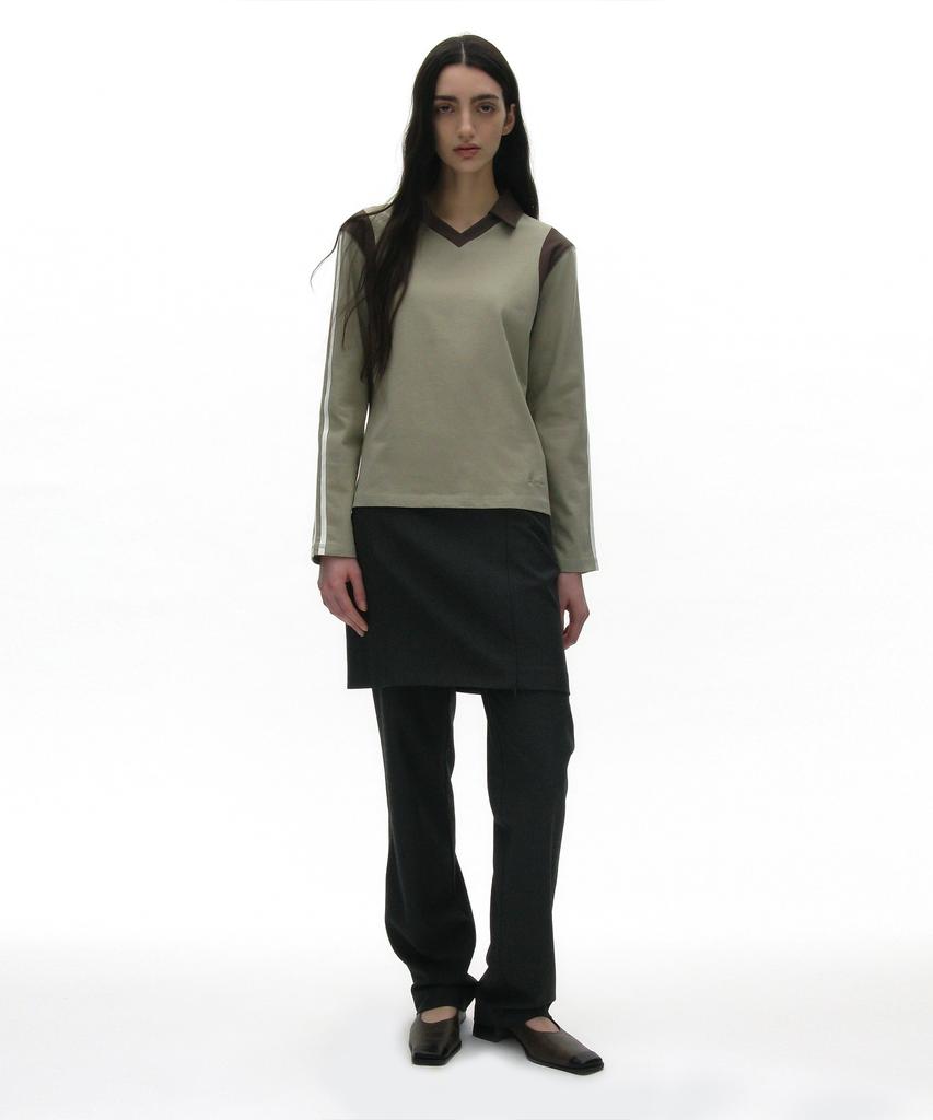 PARTIMENTO WOMEN Striped Colorblock Polo Tee_Light Khaki