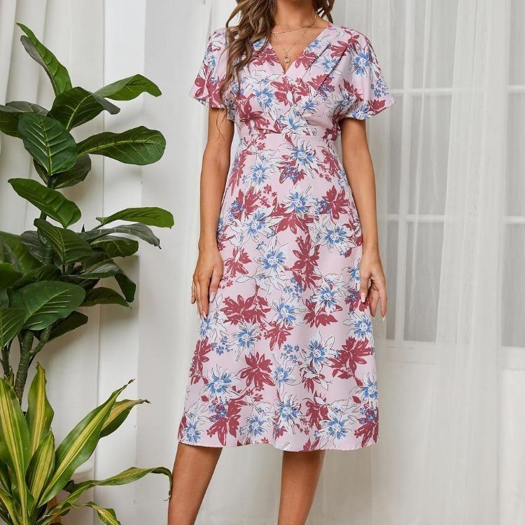 Women Floral Chiffon Casual Summer Dress V Neck Short Sleeve High Waist Swing Long Chic Sizes S To XL