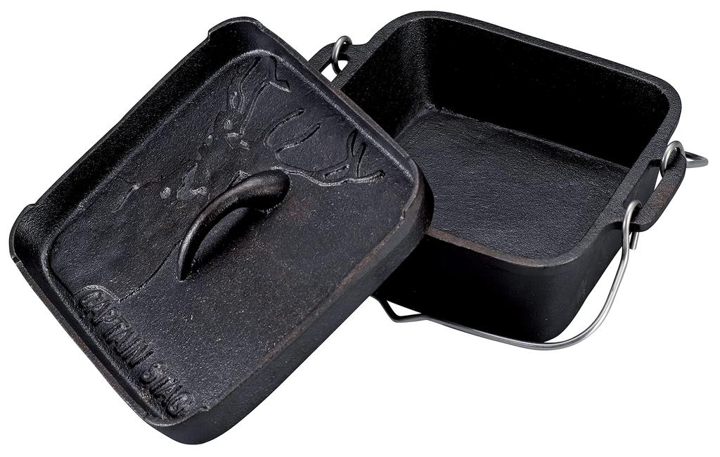 Captain Stag Dutch Oven Cast Iron Square Dutch Oven 18cm Full Water Capacity No Seasoning Required Black (CAPTAIN STAG) 1.4L UG-3072