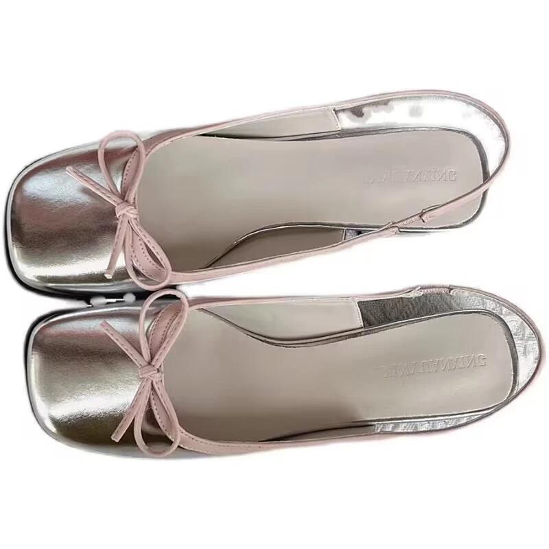 2024 Summer Women's Flats Sliver Boat Shoes Square Toe Slip On Flat Shoes for Woman Ballet Flats Comfortable Bow Women's Sandals