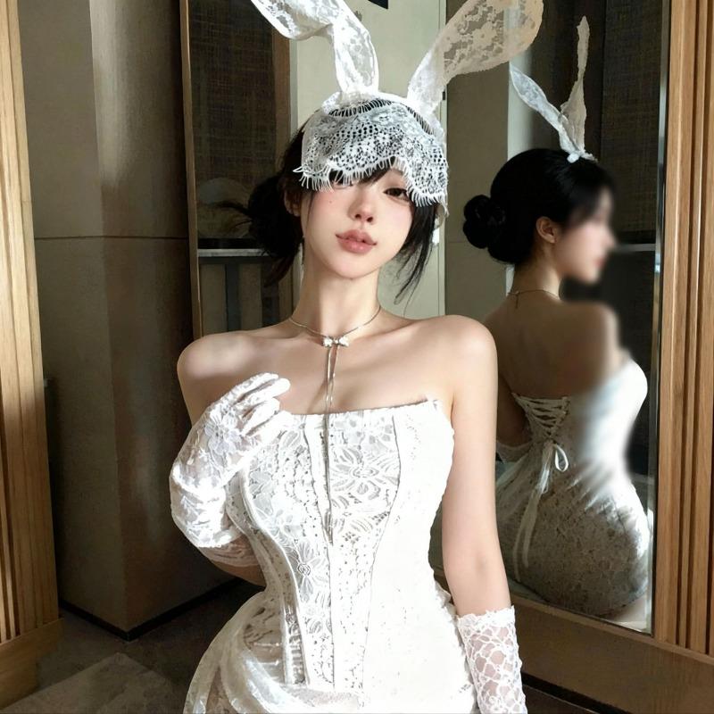 Party Banquet Pure Erotic White Lace Rabbit Ear Hairband for Photography Props for Female Models Decoration