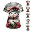 Women's Short Sleeve Stagger V Neck Christmas Print Pocket Dry-nurse Top