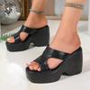 Sexy Black Pu Chunky Platform Super High Heel Slides Women 2025 Summer Wedge Heel Slippers Casual Square Toe Beach Sandals