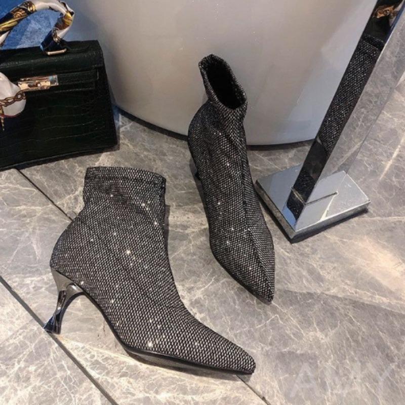 Обувь Ботильоны на шпильке со стразами короткие туфли для женщин серебряные заостренные носки женские ботильоны сексуальный стриптизерша тренд 2024 готика Y2k